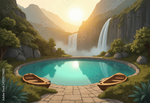 Tranquil Waterfalls, Pool, and Two Wooden Rowboats at Sunset