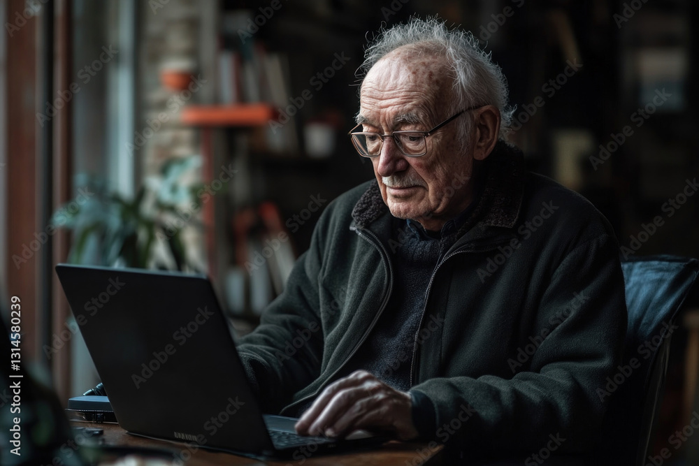 Older man typing on a laptop in a cozy living room surrounded by books and a cup of coffee, showcasing a serene and focused atmosphere. Older man typing on a laptop in a cozy living room surrounded by books and a cup of coffee, showcasing a serene and focused atmosphere.
