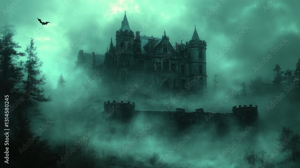 Obraz premium Enigmatic Castle in Misty Forest