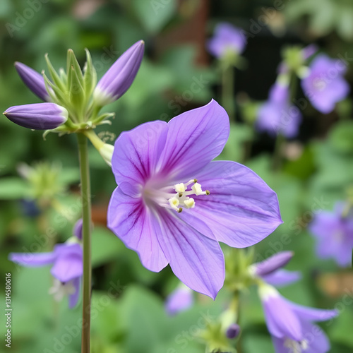 Close up of violet flowers of Platycodon grandiflorus (Balloon Flower, Chinese bellflower) in the garden