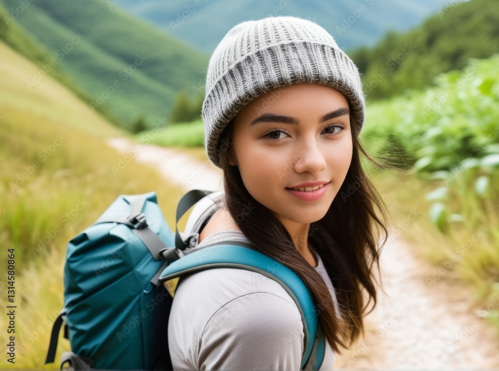 A young woman is hiking through a scenic mountain trail, wearing a backpack and a cozy beanie. She smiles, enjoying the fresh air and beautiful surroundings A young woman is hiking through a scenic mountain trail, wearing a backpack and a cozy beanie. She smiles, enjoying the fresh air and beautiful surroundings