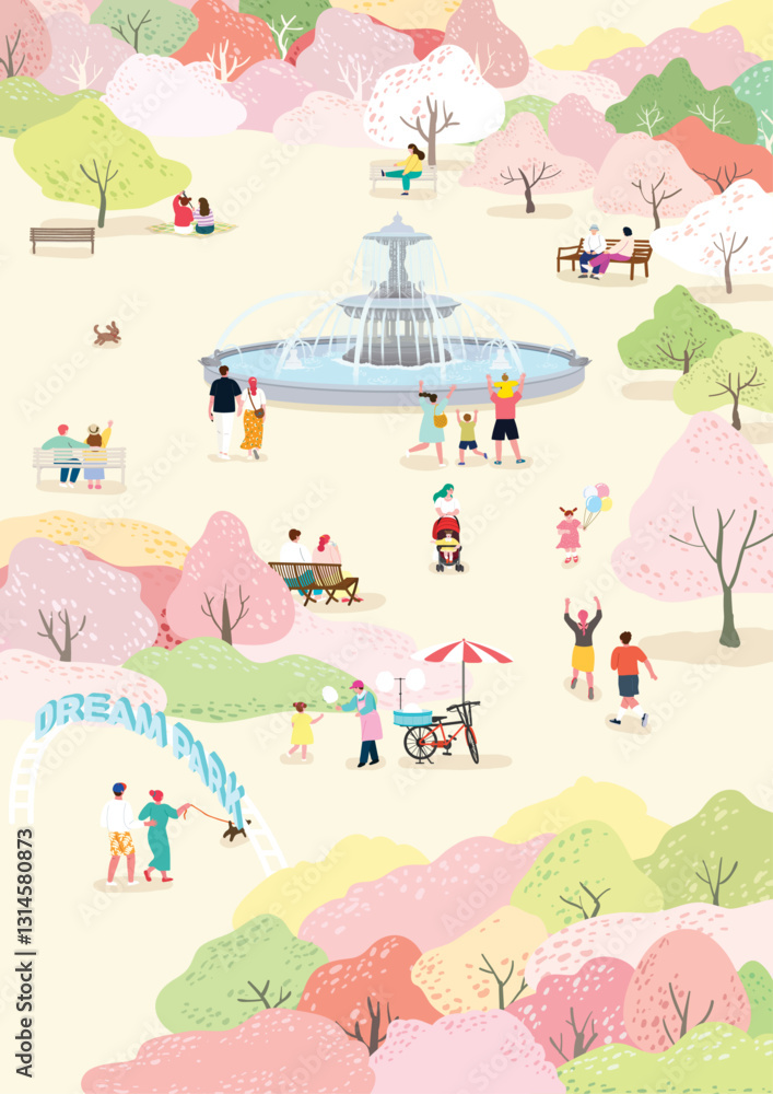 Naklejka premium 알록달록 벚꽃이 활짝핀 공원에서 휴식과 봄나들이를 즐기는 사람들 