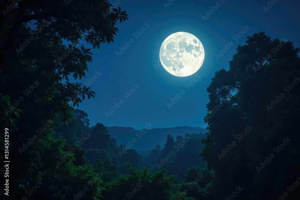 A bright full moon shines down on a dense jungle at night, foliage, trees, full moon A bright full moon shines down on a dense jungle at night, foliage, trees, full moon