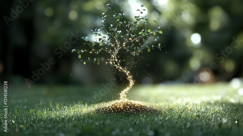 Glowing Seed Sprouting into Digital Tree Concept