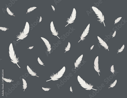 Scattered white feathers falling on dark gray background