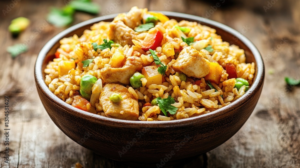 A high-resolution image of a bowl of curry fried rice with visible chunks of chicken, vegetables, and a dusting of curry powder, set against a rustic wooden table. A high-resolution image of a bowl of curry fried rice with visible chunks of chicken, vegetables, and a dusting of curry powder, set against a rustic wooden table.
