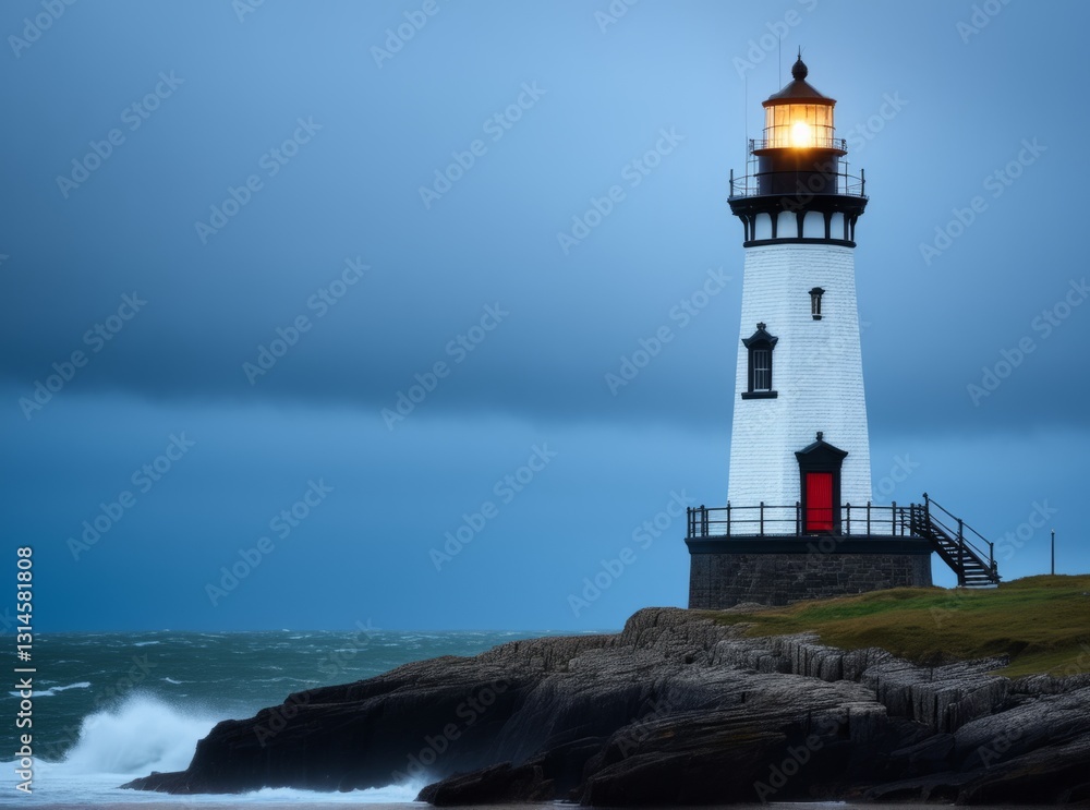A lighthouse stands tall on a rugged coastline, its light piercing through dark clouds. Waves crash against the rocks as a storm approaches, creating a dramatic atmosphere A lighthouse stands tall on a rugged coastline, its light piercing through dark clouds. Waves crash against the rocks as a storm approaches, creating a dramatic atmosphere