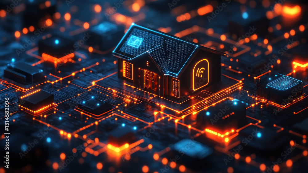Home automation network concept illustrating interconnected smart devices communicating via cloud-based AI for optimized energy and security Home automation network concept illustrating interconnected smart devices communicating via cloud-based AI for optimized energy and security