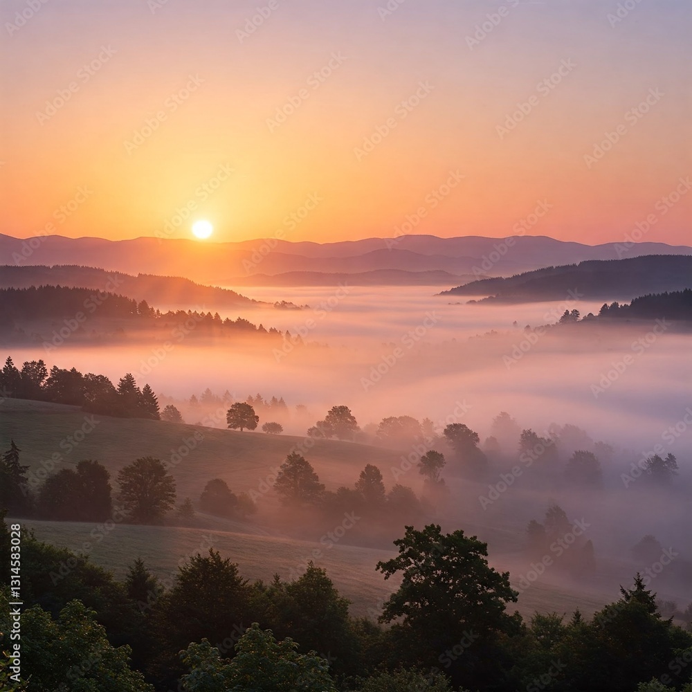Obraz premium Peaceful Sunrise Over a Misty Valley with the First Light Touching the Landscape