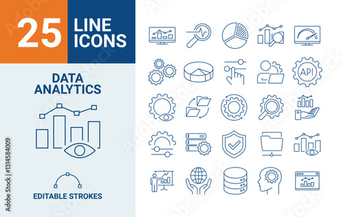 Data Analytics Line Editable Icons set. Database, statistics, server, monitoring, computing, network, big data, data processing, hosting, data mining