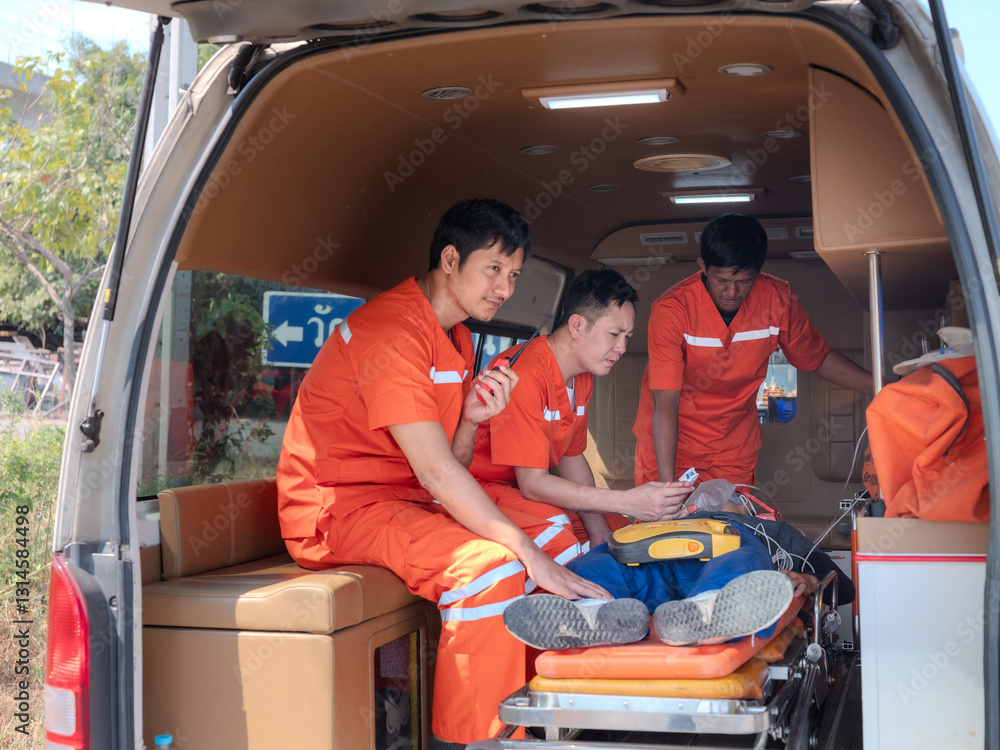 Team of Paramedics Rushing to Provide Urgent Medical Care and Emergency Response in the Back of an Ambulance Van. Concept of Life-Saving First Aid, Rapid Crisis Intervention,