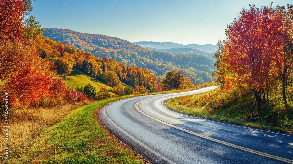 Fototapeta premium A scenic view of a picturesque road winding through lush green hills, with vibrant autumn foliage lining the sides and a clear blue sky above.