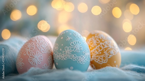 Delicate pastel eggs adorned with intricate floral designs rest on a soft surface, bathed in warm, glimmering light, creating a festive atmosphere for spring celebrations