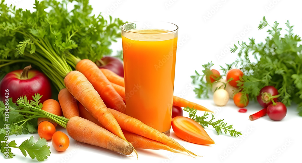Carrot juice, against a spring garden backdrop, surrounded by fresh vegetables and herbs, creating a feeling of naturalness and freshness. Carrot juice, against a spring garden backdrop, surrounded by fresh vegetables and herbs, creating a feeling of naturalness and freshness.