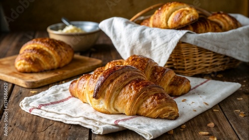 Freshly baked croissants in a basket on rustic table with butter and napkin