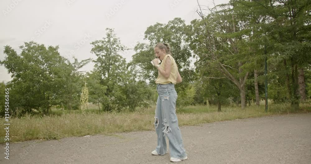 A young woman dances freestyle in a park, enjoying the music and expressing herself through movement. A young woman dances freestyle in a park, enjoying the music and expressing herself through movement.