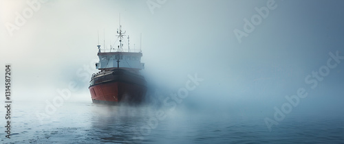 Statek we mgle płynący przez spokojne morze – tajemniczy i nastrojowy morski krajobraz o poranku