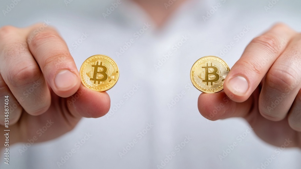 Two hands holding a physical representation of a Bitcoin Two hands holding a physical representation of a Bitcoin