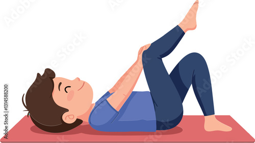 Young boy performing a yoga stretch on a red mat in a flat vector illustration