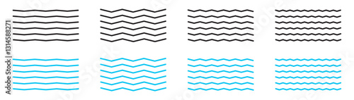 Wave zigzag lines. Wavy curve zig zag line. Sea wave icon set. Water logo, line ocean symbol. Wavy blue horizontal underline. Wave line set. Vector Illustration.