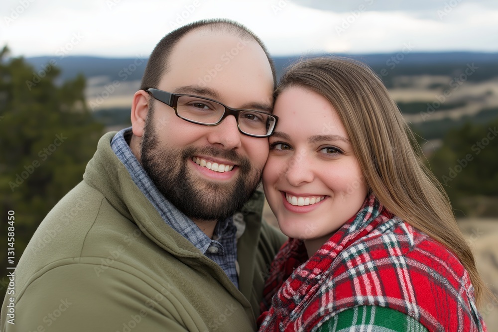 Couple enjoying romantic moment together, smiling joyfully on mountain during sunset, perfect for wedding themes. Concept focuses on couple watching sunset on mountain Couple enjoying romantic moment together, smiling joyfully on mountain during sunset, perfect for wedding themes. Concept focuses on couple watching sunset on mountain
