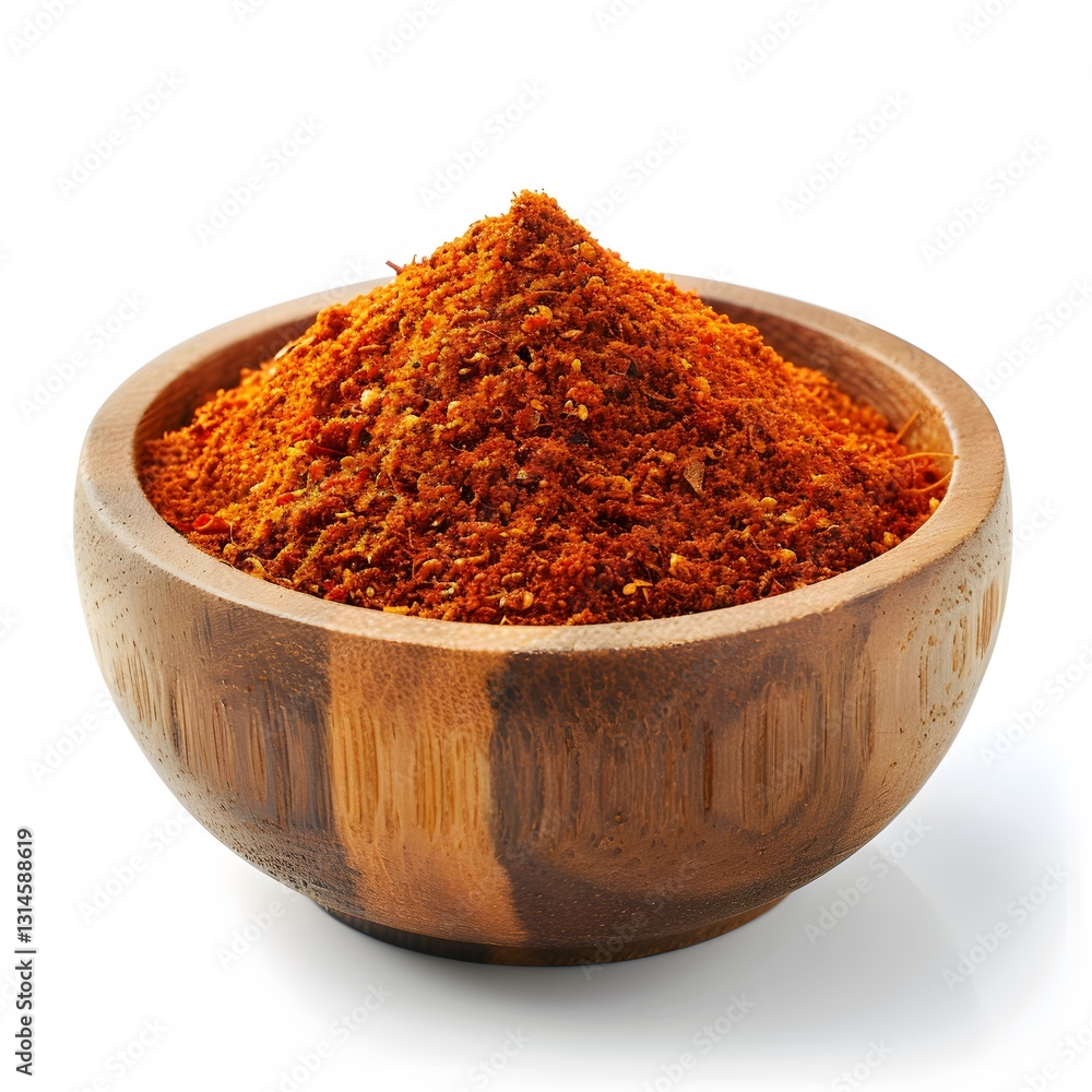 Vibrant Red Spice in Wooden Bowl on White Background Vibrant Red Spice in Wooden Bowl on White Background