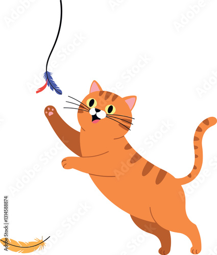 Playful orange cat jumping to catch a colorful feather toy in flat vector art