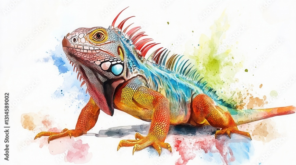 Obraz premium Vibrant iguana illustration with colorful splashes in background.