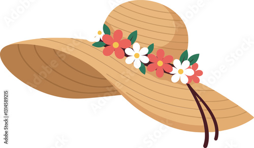 A stylish wide-brimmed straw hat adorned with colorful flowers in a minimal vector illustration