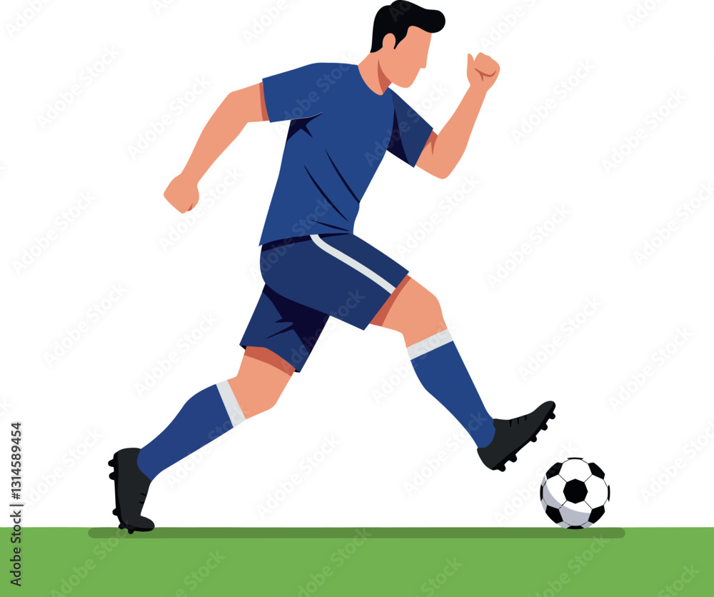 Dynamic soccer player in blue uniform executing a powerful kick in flat vector art Dynamic soccer player in blue uniform executing a powerful kick in flat vector art