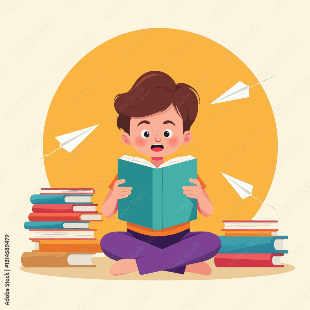 Boy reading book with paper airplanes and stacked books Boy reading book with paper airplanes and stacked books