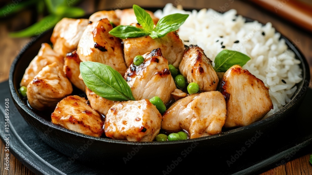 A delicious bowl of grilled chicken garnished with fresh basil and served alongside fluffy white rice and green peas, perfect for food blogs, menus, or culinary presentations, A delicious bowl of grilled chicken garnished with fresh basil and served alongside fluffy white rice and green peas, perfect for food blogs, menus, or culinary presentations,