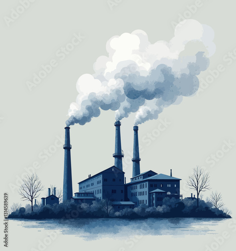 Blue-toned factory emits thick smoke, industrial pollution sketch