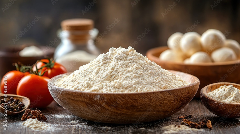 Fototapeta premium Wooden bowl of white flour, alongside tomatoes, spices, and dough balls