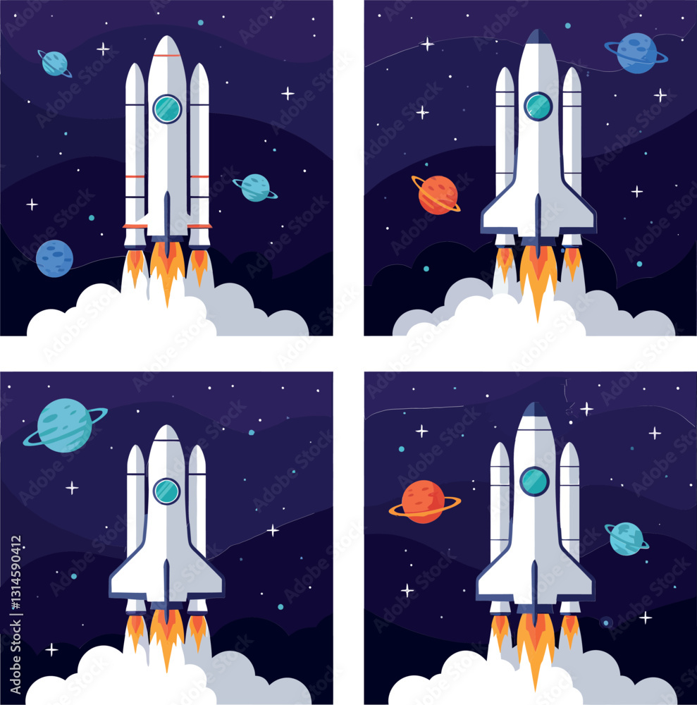 Obraz premium Rocket launching into space with colorful planets in a flat vector illustration