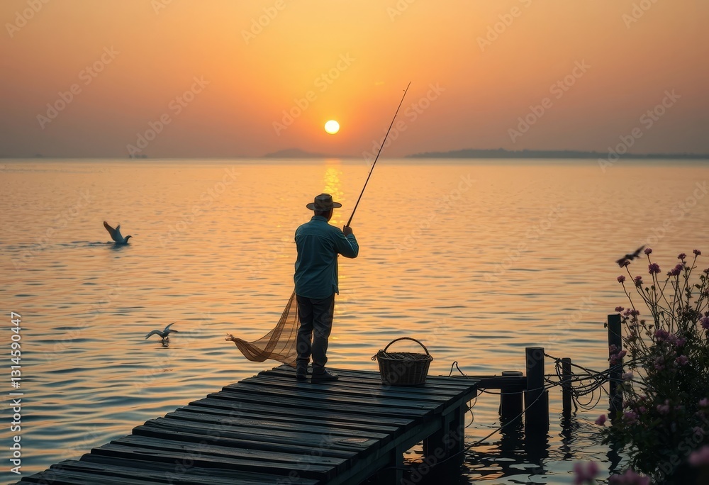 Serene Sunset Fishing A Fisherman Casts His Line from a Wooden Pier, Birds in Flight, Golden Hour Light Serene Sunset Fishing A Fisherman Casts His Line from a Wooden Pier, Birds in Flight, Golden Hour Light