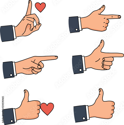 Hands gesturing love and direction in a minimal flat design vector illustration