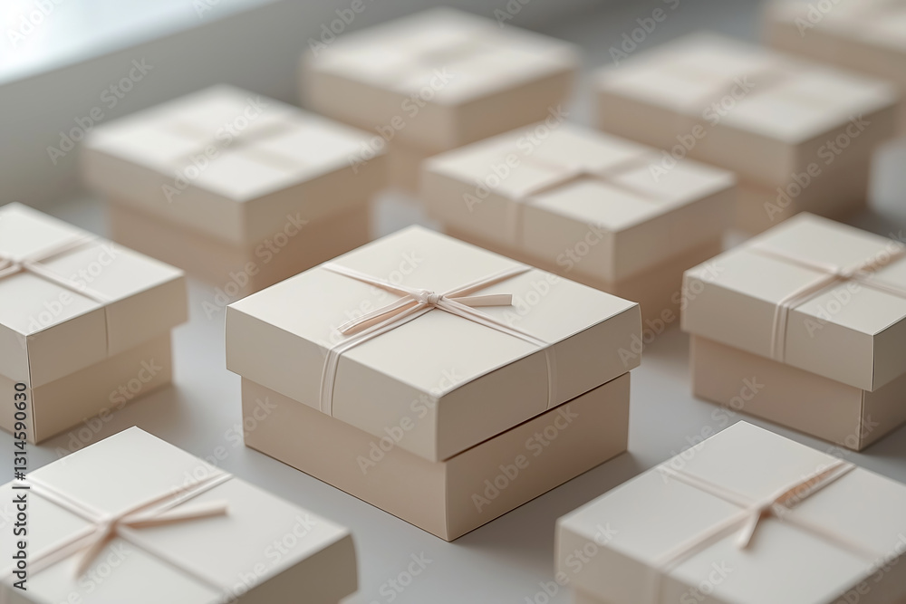 Fototapeta premium Gift packaging featuring natural textures arranged aesthetically on a clean surface. Softly colored gift boxes with natural textural details on minimalistic surface, eco friendly packaging