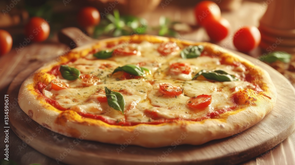 Freshly baked pizza topped with cherry tomatoes and basil on a wooden table Freshly baked pizza topped with cherry tomatoes and basil on a wooden table