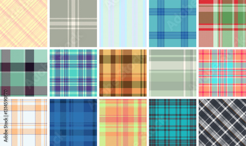 Vibrant collection of 16 diverse plaid patterns. Perfect for textile design, fashion, website backgrounds, and scrapbooking.