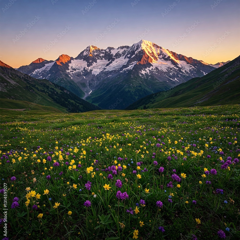 Obraz premium Mountains and Wildflowers: Majestic snow-capped peaks rise above a vibrant meadow blanketed in colorful wildflowers under a clear sky. Capturing the peace and serenity of nature.