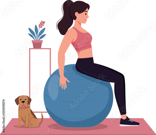 Woman exercising on a blue stability ball with a playful dog beside her in flat vector art
