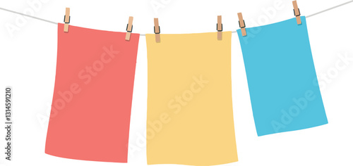 Colorful laundry hanging on a line with clothespins in a minimal vector illustration