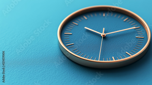 Time is ticking slowly. Blue clock with golden hands on blue background