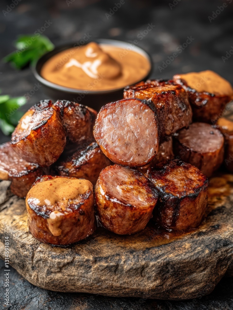 Sliced grilled sausages are piled on a rustic wooden board, paired with a small bowl of rich dipping sauce, Perfect for food blogs, barbecue promotions, or restaurant menus, Sliced grilled sausages are piled on a rustic wooden board, paired with a small bowl of rich dipping sauce, Perfect for food blogs, barbecue promotions, or restaurant menus,