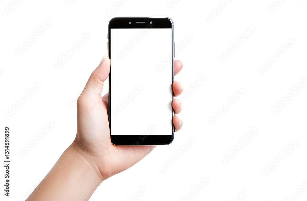 Male hand showing smartphone with white blank screen mock-up. Generative AI Male hand showing smartphone with white blank screen mock-up. Generative AI