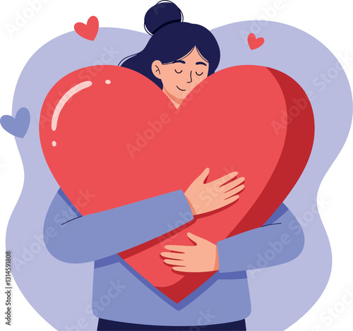 A woman embracing a large red heart in a flat and minimal style vector illustration