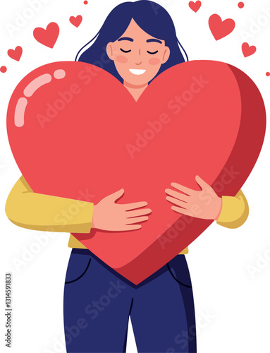 A woman joyfully embracing a large red heart in a flat vector illustration filled with love and positivity