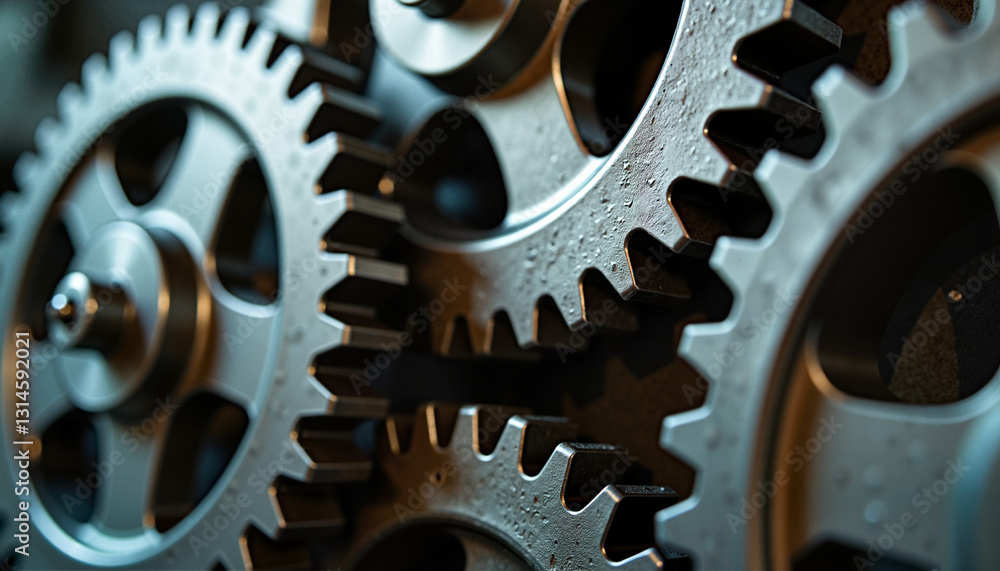 Close-up of metallic gear wheels interlocking, showcasing precision engineering and machinery Close-up of metallic gear wheels interlocking, showcasing precision engineering and machinery