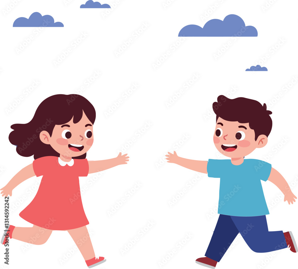 Two children joyfully running towards each other in a playful scene, flat vector illustration Two children joyfully running towards each other in a playful scene, flat vector illustration